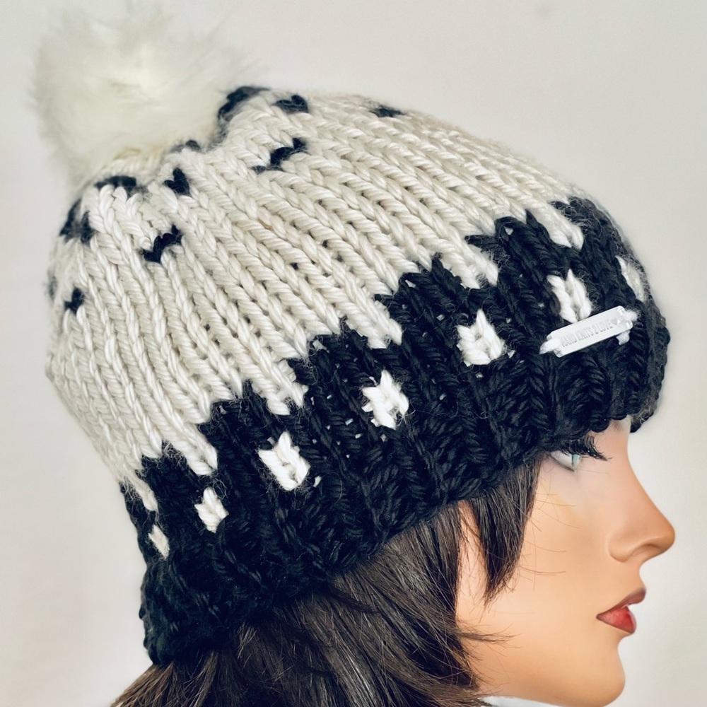 Hand Knits 2 Love Beanie Hat Cap Fair-isle Designer Fashion Faux Fur Pom Pom